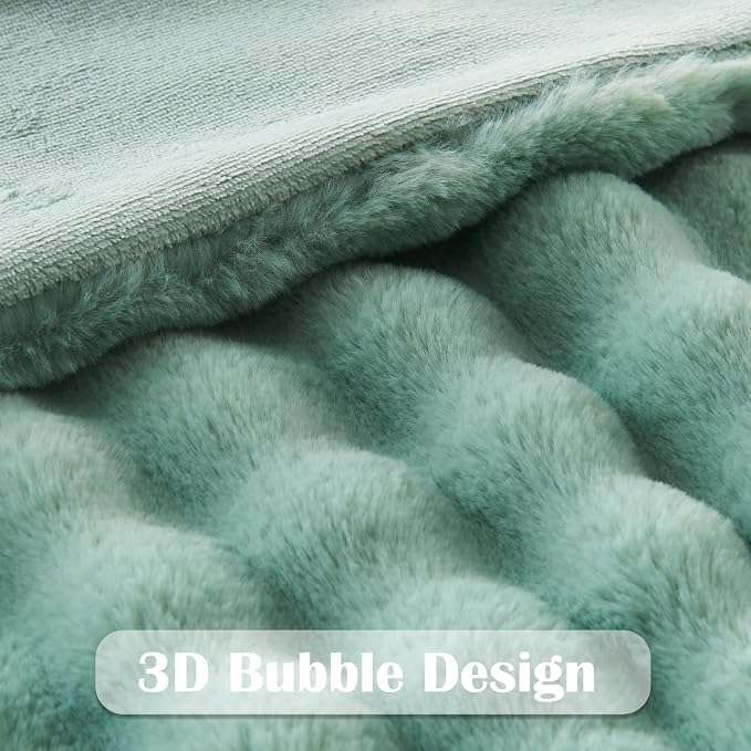 Green Faux Fur Bubble Throw Blanket Twin 60x80 Inch 550GSM Plush