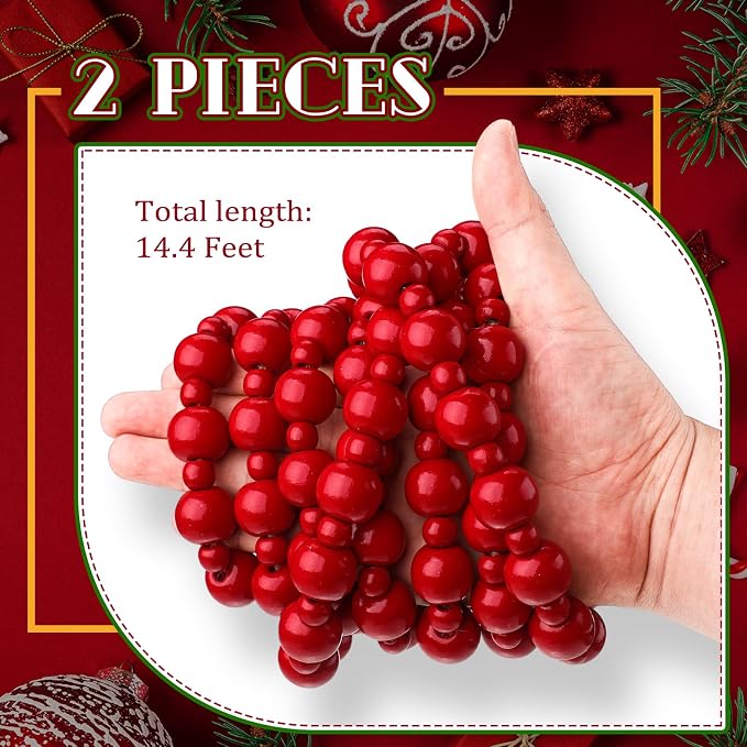 Yinder 2 Pcs/ 14.4 Feet Christmas Wooden Beads Garland, Dark Red