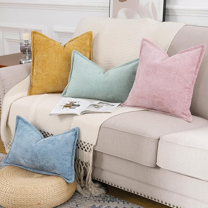 MADIZZ Decorative Chenille Velvet Throw Pillow Covers Set of 2 Soft Boho Textured Neutral Couch Throw Pillow for Bed Modern Farmhouse Home Decor for Sofa Livingroom Pink 16x16 Inch
