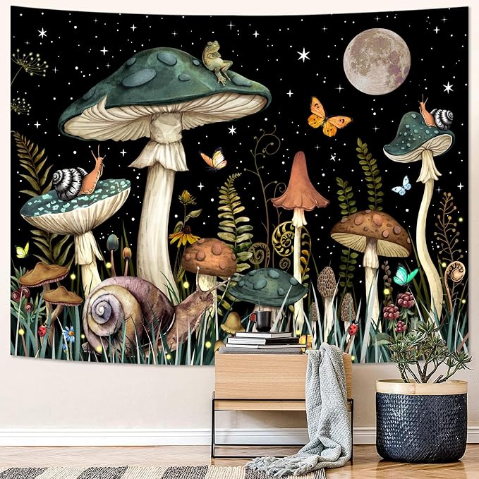 Zussun Green Mushroom Tapestry Moon Star Tapestries for Bedroom Aesthetic Starry Night Plant Tapastrys Wall Hanging Butterfly Snail Frog Wall Tapestry for Living Room Dorm (Dark, 48" x 36")
