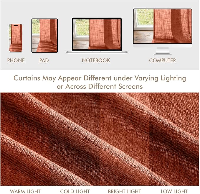 MIULEE Burnt Orange Fall Back Tab Linen Curtains 4 Panels 42W x 102L | Linen material, light filtering, rod pocket back tab hanging, farmhouse decor for living room bedroom