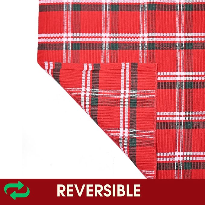 Christmas Red Green White Plaid Rug, 4' x 6' Cotton Hand-Woven Buffalo Check Layered Door Mat for Front Porch, Entryway, Outdoor Holiday Decor, Washable Farmhouse Rug for Home, Patio, Kitchen