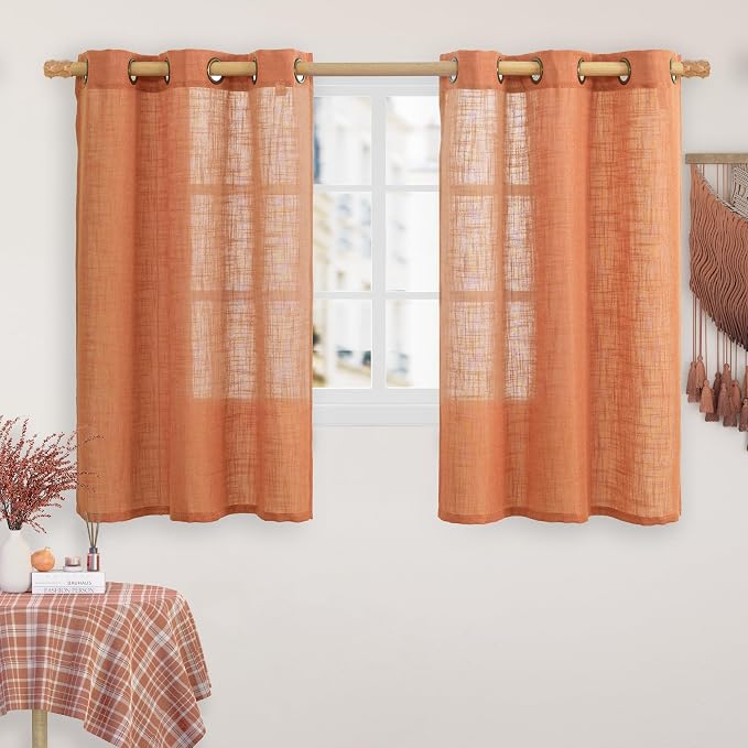 Burnt Orange Linen Curtains 45 inches Long for Kitchen 2 Panels | Linen Textured, Light Filtering Semi Sheer Panels, Natural Boho, Curtains for Bedroom, Windows, Bronze Grommet, 34 x 45 Inch