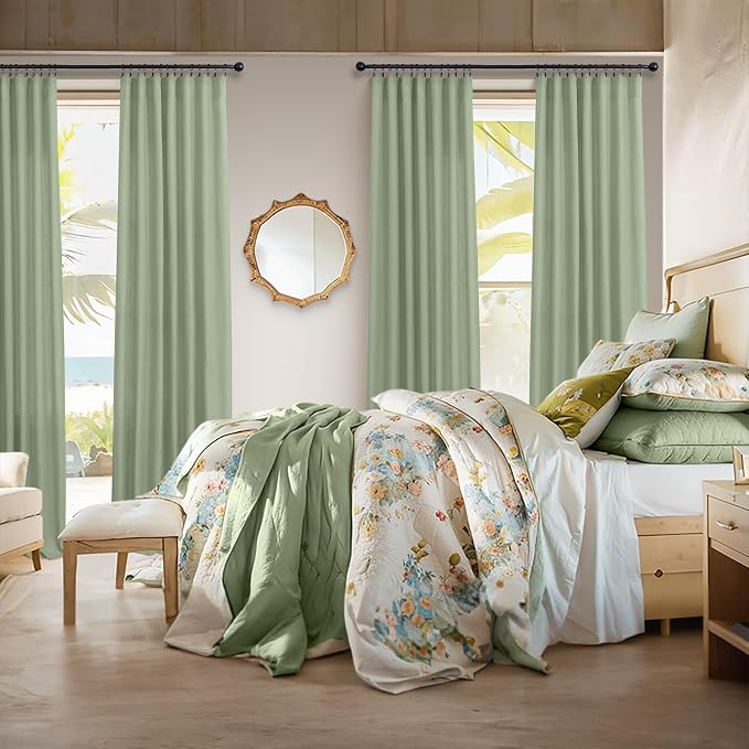 Pitalk Sage Green Curtains 102 Inches Long for Living Room 2 Panels Set Back Tab Pocket Boho Window Drape Semi Sheer Light Filtering Light Green Linen Curtain 102 Length for Bedroom Patio Sliding Door