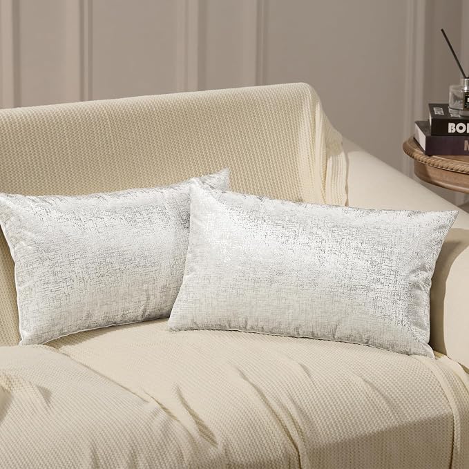 Phantoscope Pack of 2 Sparkling Velvet Decorative, Silver and White Decorative Velvet Pillow Cover, Solid Square Cushion Cover Pillowcase for Couch Bed and Chair, White, 12 x 20 inches, 30 x 50 cm