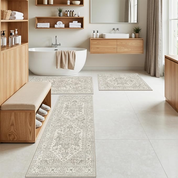 Madane Washable Kitchen Rug Set of 3 Small Area Rugs Non-Slip, Beige/Brown | Vintage Hallway Entryway Door Mat Indoor Entrance Low Pile Floor Carpet Runner for Inside Front Entry Laundry 2x3+2x4+2x5