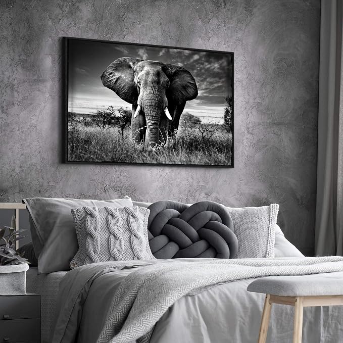 Framed Elephant Picture Wall Decor: Black White African Animals Painting Tropical Wildlife Prints Nature Artwork For Bedroom Living Room 45x30