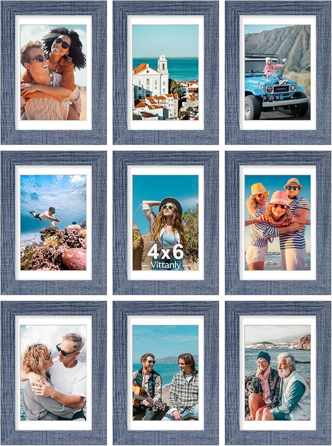 Vittanly 4x6 Picture Frames Set of 9 for Wall or Tabletop Display, Navy | Display Pictures 3.5x5 with Mat or 4x6 without Mat, Small Photo Frames, Engineered Wood with Shatter Resistant Plexiglass