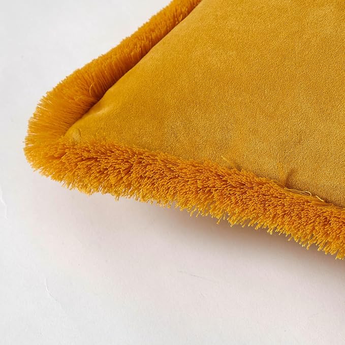 JUSPURBET Gold Decorative Velvet Fringe Throw Pillow Covers 26x26 Set of 2 Boho Soft Cushion Case for Home Decor Living Room Couch Sofa Bed