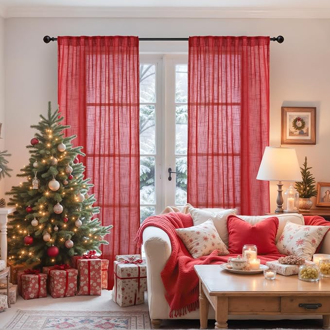 YoungsTex Red Linen Semi Sheer Curtains 84 Inch Length - Light Filtering Drapes with Back Tab Rod Pocket Lightweight for Dining Living Room Window, 2 Panels, 52 X 84 Inch
