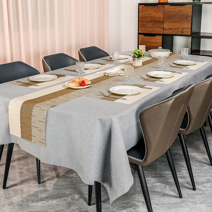 Placemats Set of 6, Vinyl Woven Heat-Resistant Place Mats | Washable Wipeable PVC Table Mats, Non Slip Placemat for Kitchen Dining Indoor Outdoor Table (Beige Light Brown, Set of 6)