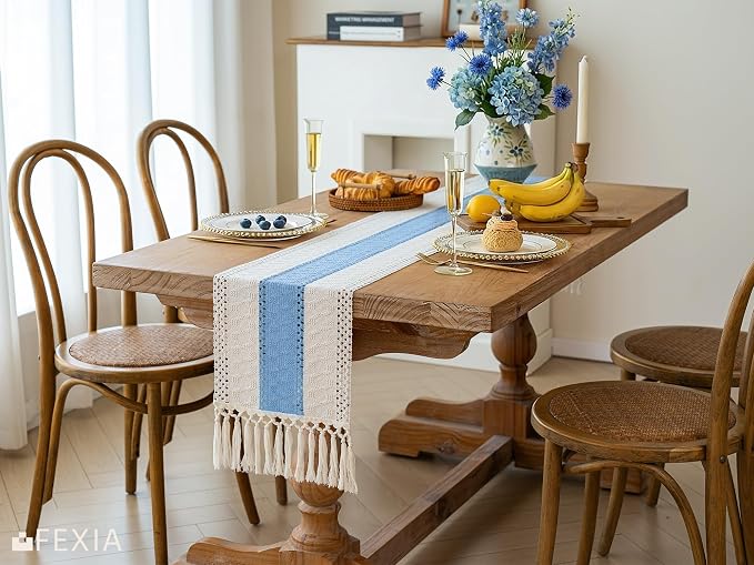 FEXIA Boho Table Runner for Home Decor 12x72 Light Blue Farmhouse Decor | 72 Inches Long with Tassels Rustic Table Runner Macrame Burlap Centerpieces for Living Dining Room Bedroom for Baby Shower