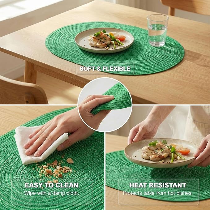 Placemats Set of 8, Woven Oval Braided Dining Table Mats(Green Shine) | 12 x 17.5 Inch Size Fits Plates and Flatware; Hand Washable and Heat Resistant for Kitchen Use, with Farmhouse and Boho Style
