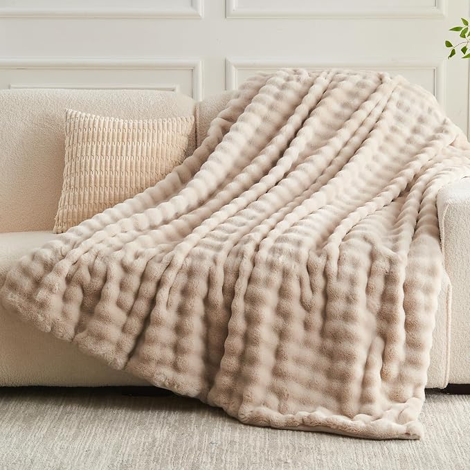 NEWCOSPLAY Faux Fur Fluffy Bubble Twin Blanket for Couch, Linen, 60"x80" | Soft Thick Warm Bubble Blanket for Couch Sofa Bed 550GSM, Plush Cozy Luxury Decorative Throw, Gift for Women Men