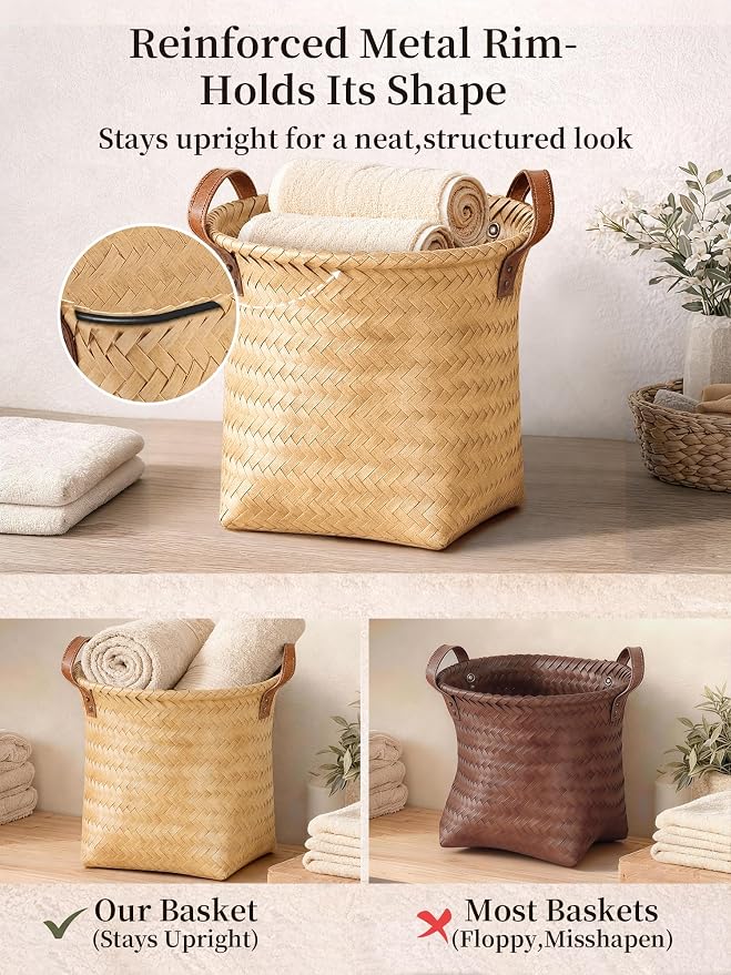 Wicker Storage Baskets, 4 Pack Woven Baskets for Shelves, Yellow | PP Rattan, Water-resistant Wicker Basket, Large Baskets with Faux Leather Handles for Blanket, Laundry Organizer, Room Decor