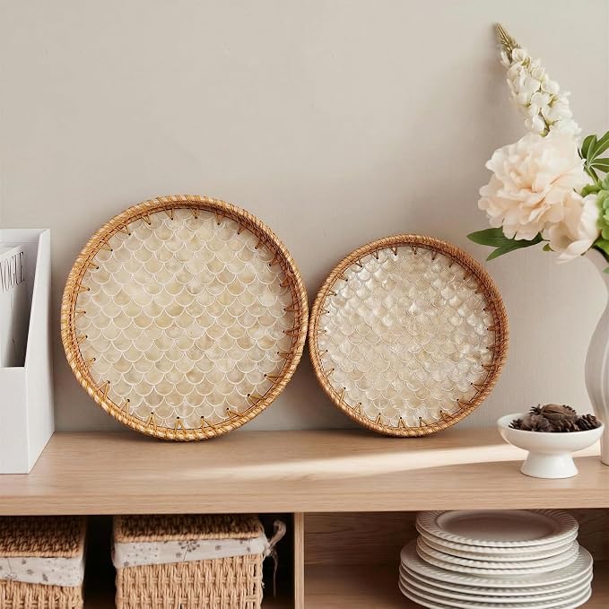 JUNGLE CULTURE Round Rattan Tray Mother of Pearl Inlay • Cascade Light 14"