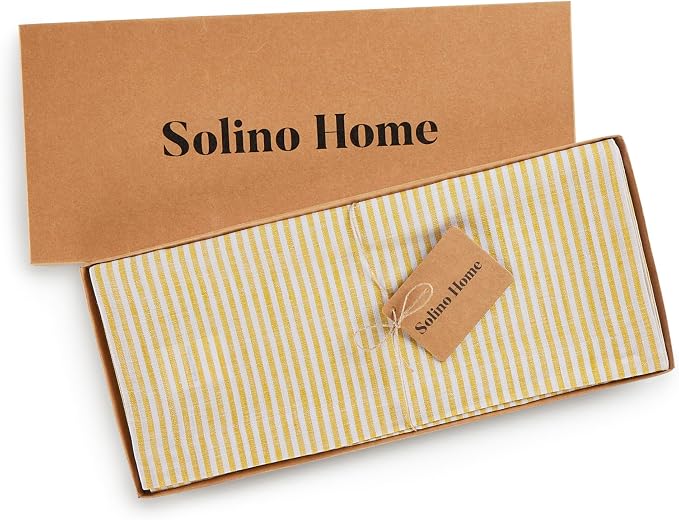 Solino Home 100% Linen Table Runner, 14 x 144 in, Mustard and White Striped | Narrow Stripe, dresses up dining tables for everyday meals, woven stripe, European flax fibres, soft, OEKO-TEX Certified