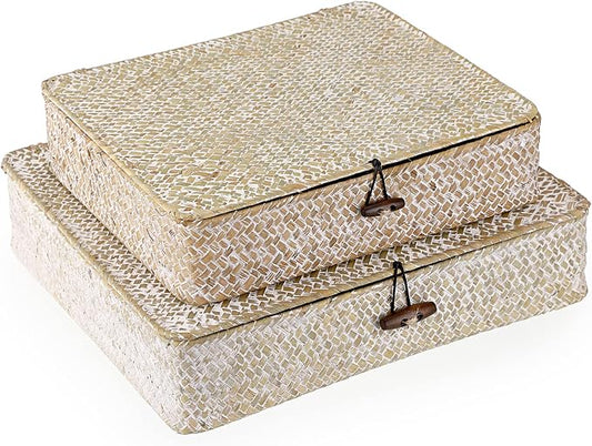 Hipiwe Set of 2 Flat Woven Wicker Basket Bins with Lid Natural Seagrass Box | Decorative Storage Basket Multipurpose Home Organizer Bins Boxes for Shelf Organizer (Whitewash)