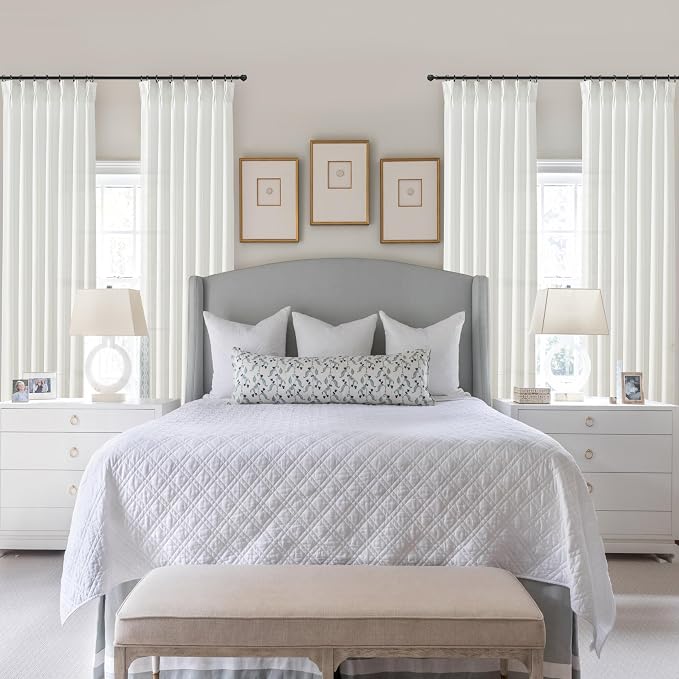 Extra Long Pinch Pleat Snow White Semi Sheer Curtains 108 Inches Long for Living Room, Luxury Linen Blend Viral Drape Light Filtering Privacy Floor to Ceiling Dining Room Curtain Back Tab Panels 2 Set
