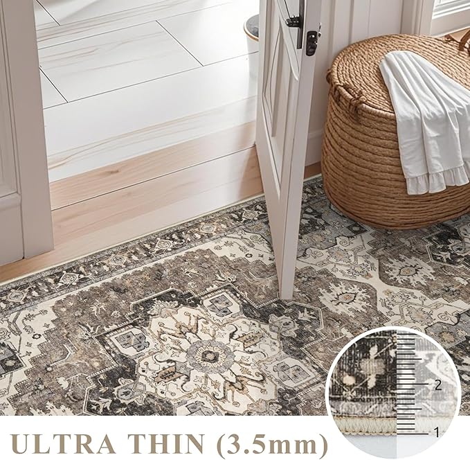Washable Hallway 3x12 Runner Rug - Non-Slip Kitchen Entryway Rugs with Rubber Backing Vintage Soft Stain Resistant Carpet for Bedroom Indoor Ultra-Thin Home Decor Mat for Living Room (Beige,3x12)