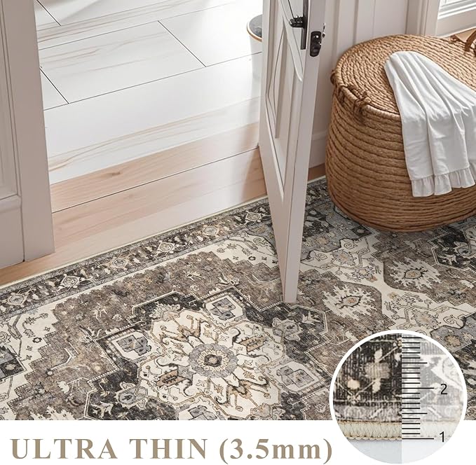 RUUGME Ultra-Thin Washable Round Rug: 4ft Vintage Circle Area Rugs for Living Room Bedroom Stain Resistant Carpet Non-Slip Backing Soft Low Pile Floor Mat for Dinning Room Entryway(Beige,4'Round)