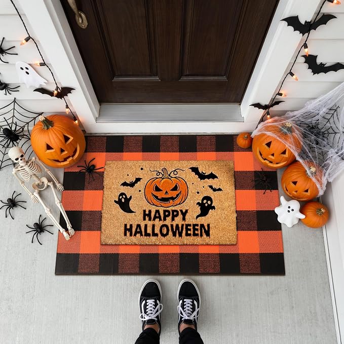 LEEVAN Halloween Buffalo Plaid Outdoor Rug, Fall Decor Front Porch Rug | 2'4" x 3'7" Black and Orange Washable Thanksgiving Layered Door Mat, Cotton Woven Fall Entryway Rugs for Kitchen Patio