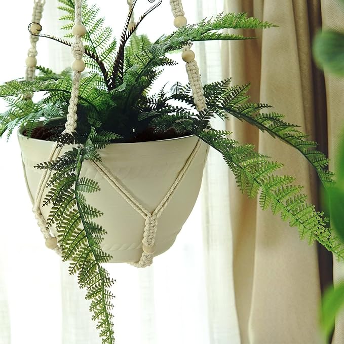 Bouqlife 43 Inches Macrame Plant Hanger Large for 14 inch Pot Extra Long No Tassel Cotton Rope Hanging Plant Holder with Ceiling Hooks Bohemian Home Décor Beige 2Pack