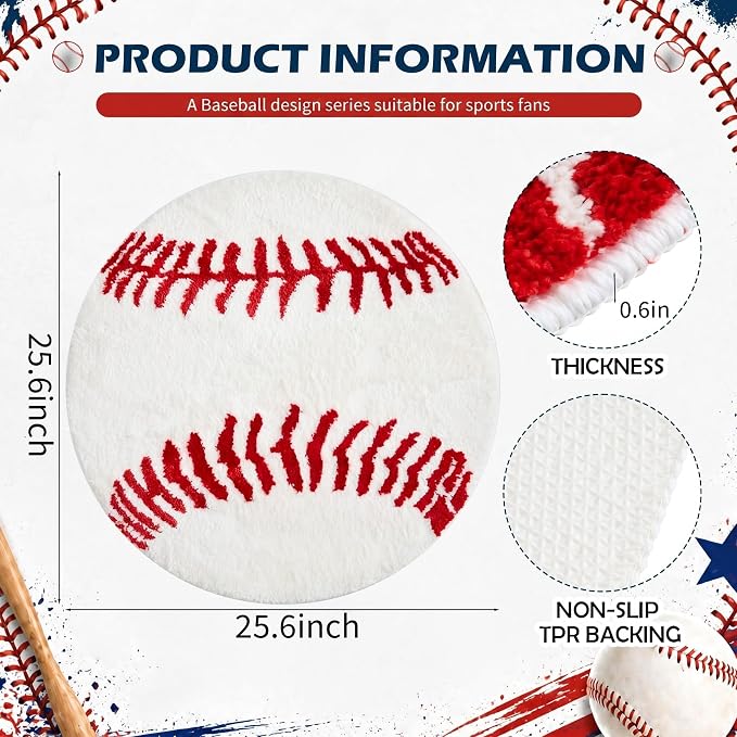 Funtery Baseball Rug for Boys Room Decor Non Slip Absorbent Sports Soft Mat Field Sports Area Rug Plush Soft Washable Carpet Bedroom Bathroom Welcome Door(White, 25.5x25.5, Baseball)
