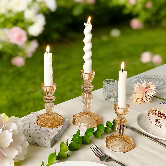 Glass Candlestick Holders Set of 3, Amber Stripe Taper Candle Holders for Table Centerpiece, Home Decorations, Wedding and Party