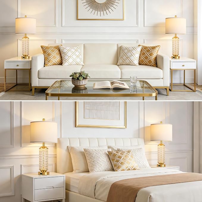 QiMH Glass Table Lamps Set of 2, Modern Gold Beside Lamps for Living Room