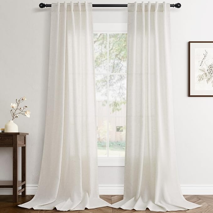 Jowels Natural Linen Curtains 126 Inch Long 2 Panels for Living Room | Ivory Light Filtering Sheer Curtain,Back Tab Pocket Pleated Look,Modern Farmhouse Textured Privacy Drapes for Bedroom Window