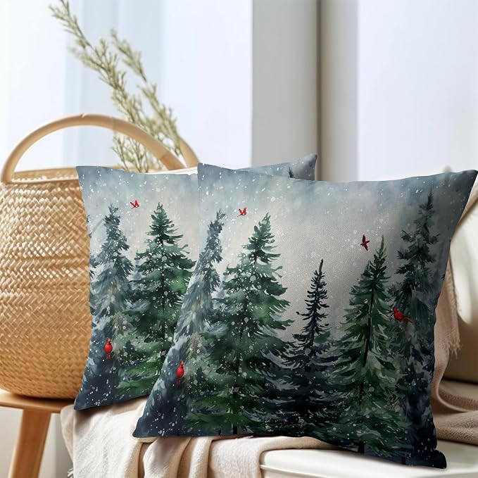 Green Tree Throw Pillow Covers Winter Snowy Forest Pillowcase 18x18 inch 2 PCS Nature Landscape Red Bird Decorative Cushion Cover for Home Patio Sofa Bedroom