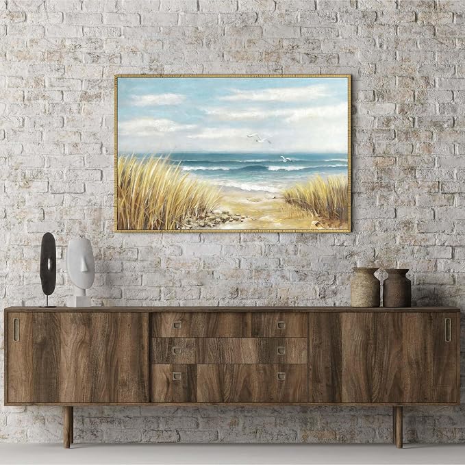 Beach Canvas Picture Wall Art: Large Ocean Sea Framed Painting Coastal Seascape Waves Artwork Decor Abstract Seaside Seashore Seagull Print for Office Living Room Bedroom 45 x 30 Inches