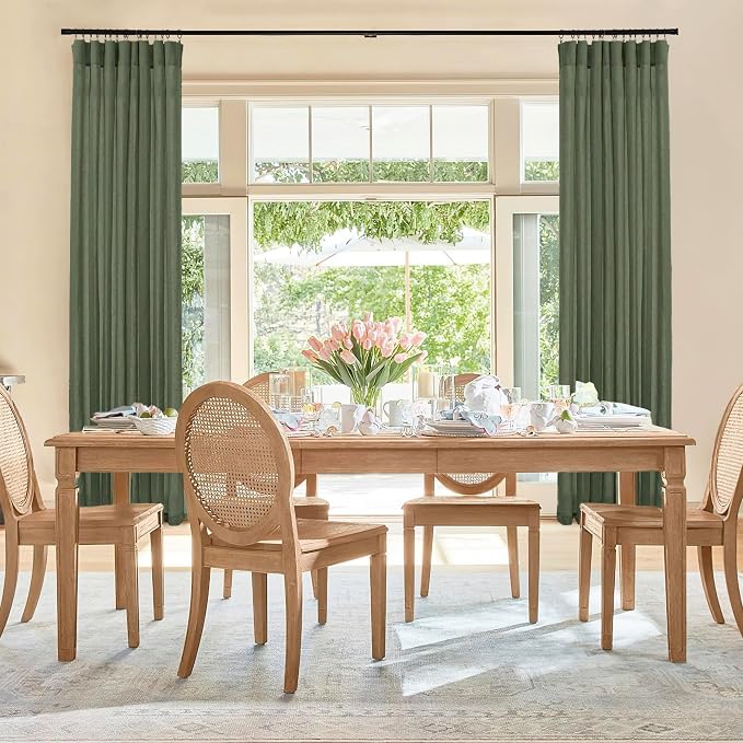 RYB HOME Linen Sheer Curtains 2 Panels for Living Room, Semi Transparent Privacy Drapes with Rod Pocket Farmhouse Style Window Treatments for Bedroom, Olive Green, 52" W x 95" L