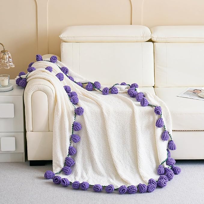 Crochet Flower Bouquet Throw Blanket, Handmade Knitted Blanket with Tulip, Cute Romantic Gift for Her Girlfriend Mom Mother’s Day Valentine Wedding Anniversary Birthday, Purple 60 Inches