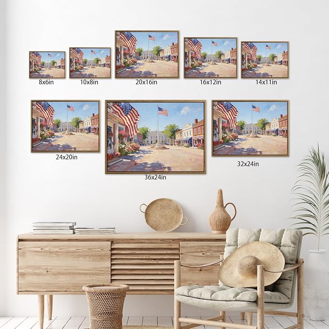 American Flag Framed Canvas Wall Art, 4th of July Patriotic Canvas Prints | USA Flag with Small Town Street Poster Print, Independence Day Wall Decor for Bedroom Living Room 6×8in