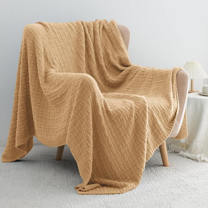 Camel Ultra Soft Knit Throw Blanket for Couch,50"X60" Microfiber Fluffy Cozy Warm Knitted Blankets with Checked Pattern for Sofa Bed