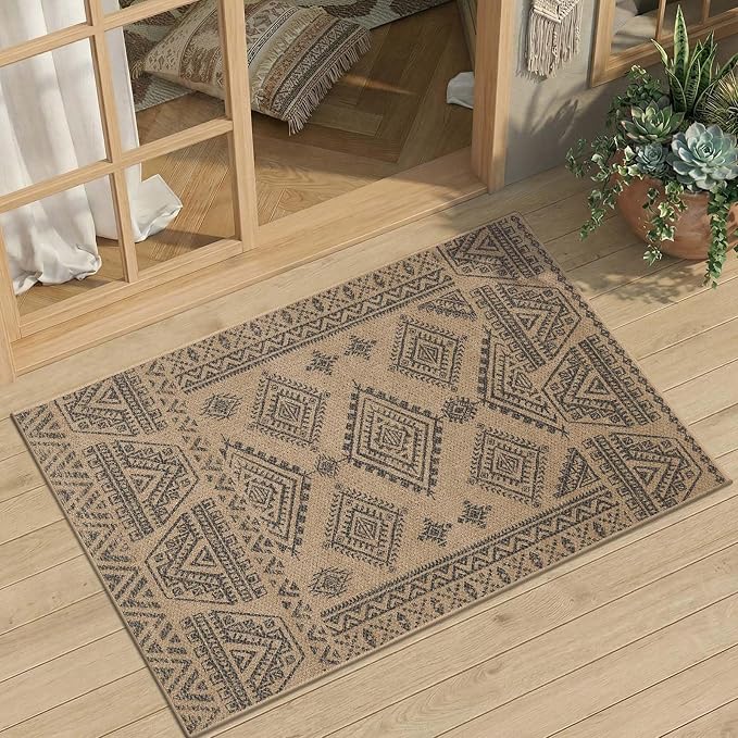 jinchan 2x3 Faux Jute Area Rug Washable Boho Entryway Rug, Natural Charcoal | Southwestern Geometric, Non-Slip, Low Pile, Indoor Outdoor, High-Traffic, Kitchen, Bathroom, Laundry Room, Porch, Balcony