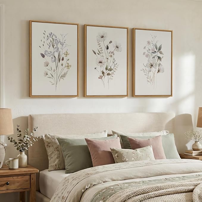 Framed 3 Piece Neutral Floral Botanical Wall Art for Living Room, 16x24 In | Minimalist flower pictures, Wood frame, Canvas Prints, Ready to hang artwork, Wall decor for bedroom dining room hallway