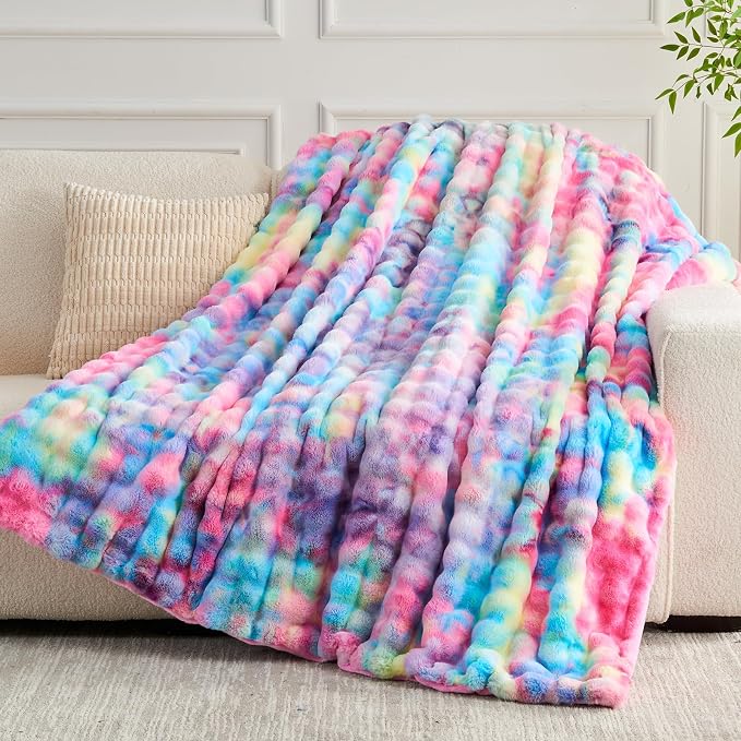 NEWCOSPLAY Faux Fur Bubble Throw Blanket for Couch, Dark Rainbow, 50"x60" | Fluffy Soft Thick Warm Bubble Blanket for Couch Sofa Bed 700GSM, Plush Cozy Luxury Decorative Throw, Gift for Women Men