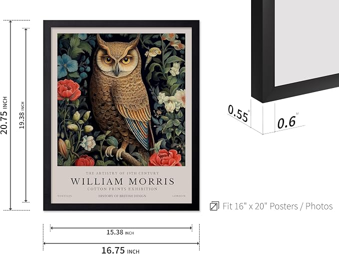 Monem Art William Morris Poster - Owl and Flowers Print - Bird Art - Botanical Poster - Floral Illustration - Bedroom or Office Decor - 16x20 Black Framed