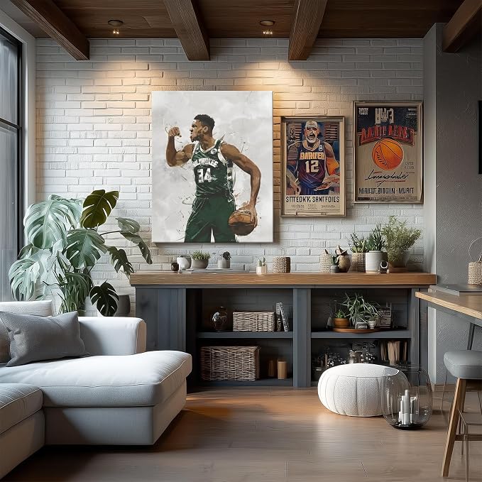 Giannis Antetokounmpo Basketball Canvas Wall Art, Sports Player Poster | Abstract splash ink athletic artwork, motivational sports wall decor for teen boys room, bedroom, living room, gym or office