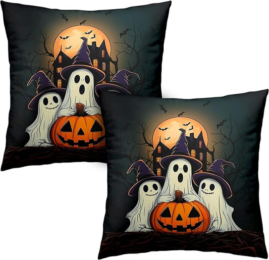 Set of 2 Halloween Pillow Covers 16x16 Ghost Throw Pillow Covers Full Moon Night Castle Bat Pillow Case Jack-O-Lantern Cushion Case for Holiday Party Decor Couch Sofa
