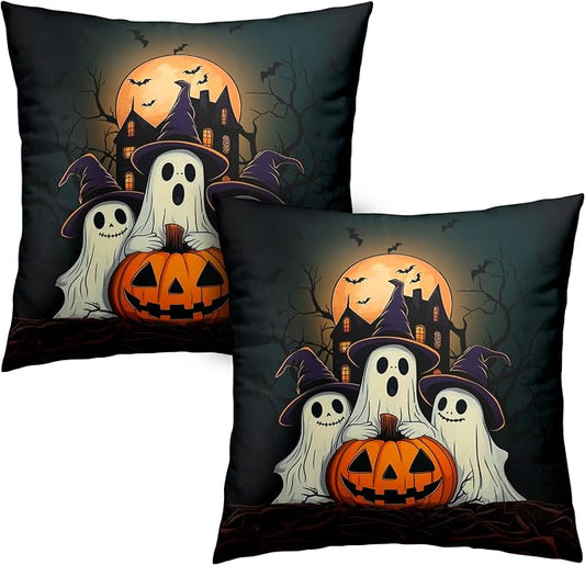 Set of 2 Halloween Pillow Covers 24x24 Ghost Throw Pillow Covers Full Moon Night Castle Bat Pillow Case Jack-O-Lantern Cushion Case for Holiday Party Decor Couch Sofa