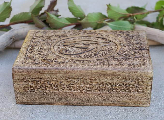 Egyptian Eye of Horus Hand Carved Jewelry Trinket Keepsake Wooden Storage Box (Large)