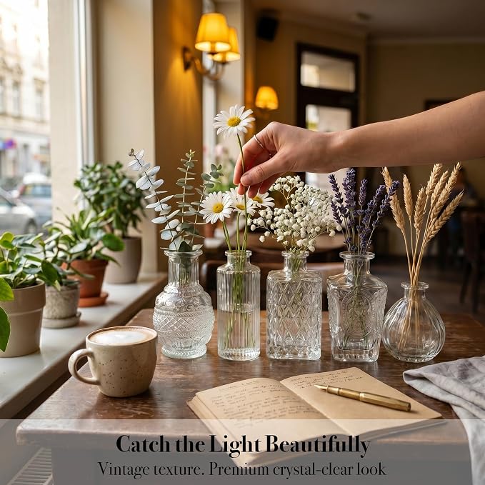 32 Pcs Clear Glass Bud Vases in Bulk, Small Vintage Bud Vase Set for Flowers, Mini Glass Vases for Wedding Centerpieces, Baby Shower, Table Decorations, Event Decor, 3.1"-5.1"