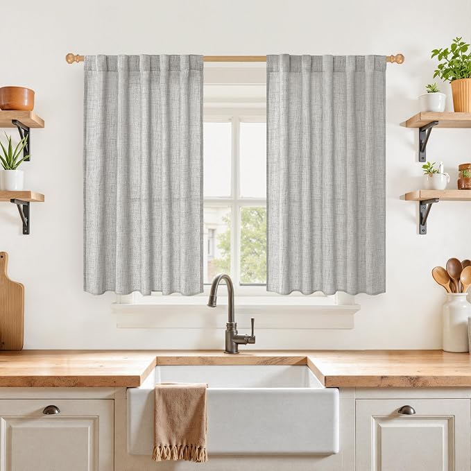YoungsTex Dark Grey Linen Kitchen Curtains 40 Inches Long 2 Panels Set | Semi Sheer Short Drapes with Rod Pocket Back Tab Light Filtering for Cafe Bathroom Window Over Sink, 42 X 40 Inch