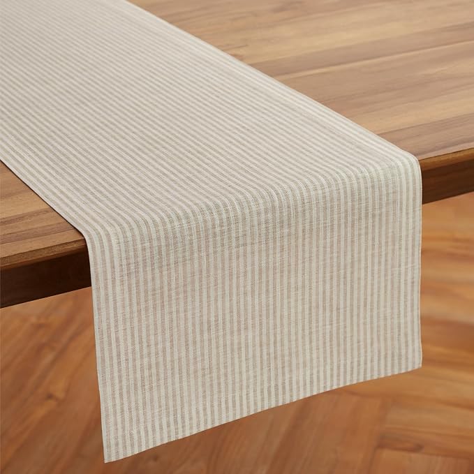 Solino Home 100% Linen Table Runner, 14 x 108 in, Natural and White Striped | Narrow Stripe, brings a tailored look to family meals and hosting, woven stripe, European flax fibres, OEKO-TEX Certified