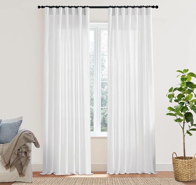 XTMYI White Linen Curtains 100 Inch Length 2 Panels Set Custom Length Back Tab Cotton Polyester Blend Window Sheer Curtain Drapes for Living Room Bedroom,50x100 in Long