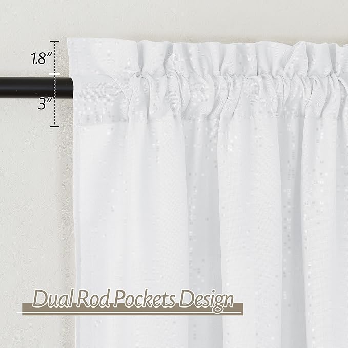 RYB HOME Linen Sheer Curtains 2 Panels for Living Room, Semi Transparent Privacy Drapes with Rod Pocket Farmhouse Style Window Treatments for Bedroom, White, 70" W x 95" L